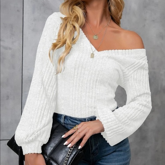 SHEIN Solid Lantern Long Sleeve V Neck Rib Sweater Top XS - Picture 1 of 4